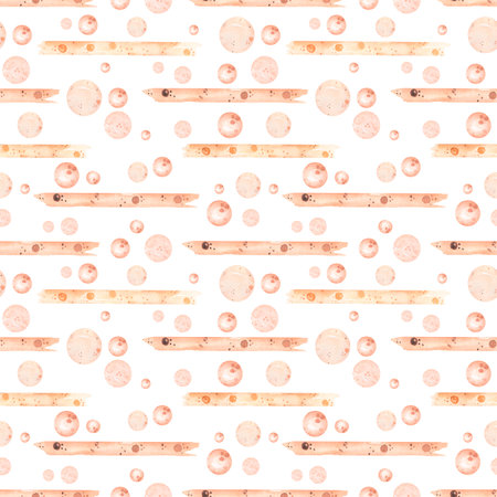 Abstract seamless pattern, Watercolor hand drawn kids paper, bubbles and stripes repeat paper, cute children pattern in brown and beige colorsの写真素材