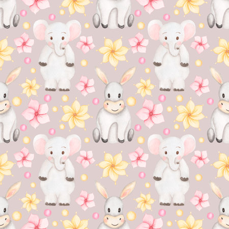 Baby animals seamless pattern, Watercolor hand drawn kids paper, elephant repeat paper, cute donkey print, children pattern, nursery designの写真素材