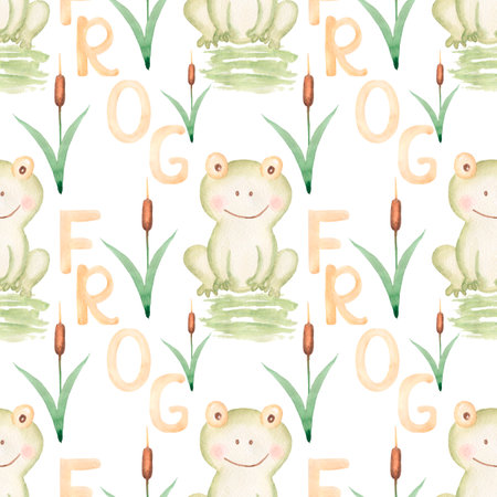 Watercolor Little frog Pattern,Alphabet letters, Kids repeat paper for fabric, cute frog, Children printing design, scrapbook paperの写真素材