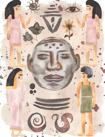 Ancient Tribal poster Clipart, Watercolor modern abstract Illustration, Ethnic Egypt Wall Paintings, Egyptian Mystical poster in beige colorsの写真素材