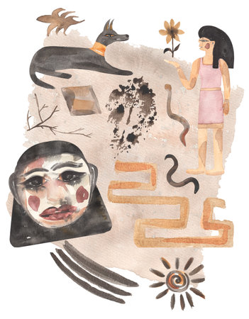Ancient Tribal poster Clipart, Watercolor modern abstract Illustration, Ethnic Egypt Wall Paintings, Egyptian Mystical poster in beige colorsの写真素材
