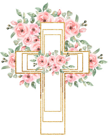 Watercolor Easter Pink flowers Cross Clipart, Golden frame, Delicate Peony Florals arrangement, Hand painted Pink Baptism Crosses, Wedding Invites, new baby girl, Holy Spirit illustration, greenery crossの写真素材