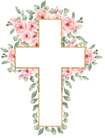 Watercolor Easter Pink flowers Cross Clipart, Delicate Peony Florals Frame Clip art, Hand painted Pink Baptism Crosses, Wedding Invites, new baby girl, Holy Spirit illustration, greenery crossの写真素材