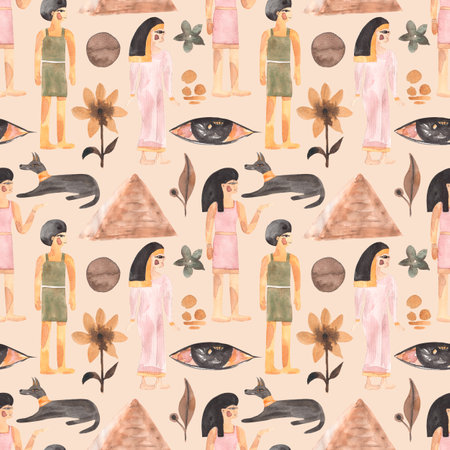 Ancient Tribal seamless pattern, Watercolor modern abstract Illustration, Ethnic Egypt Wall Paintings repeat paper, Egyptian Mystical pattern in beige colorsの写真素材