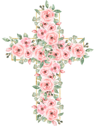 Watercolor Easter Pink flowers Cross Clipart, Golden frame, Delicate Peony Florals arrangement, Hand painted Pink Baptism Crosses, Wedding Invites, new baby girl, Holy Spirit illustration, greenery crossの写真素材