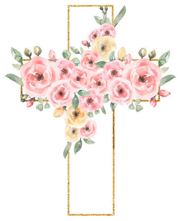 Watercolor Easter Pink flowers Cross Clipart, Golden frame, Delicate Peony Florals arrangement, Hand painted Pink Baptism Crosses, Wedding Invites, new baby girl, Holy Spirit illustration, greenery crossの写真素材