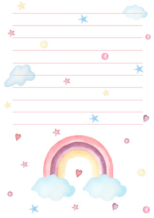 Hand drawn watercolor adorable daily planner with cute unicorn face. My day to-do list with hearts, stars, polka dots and rainbow with clouds illustrations. Kids Notes page.の写真素材