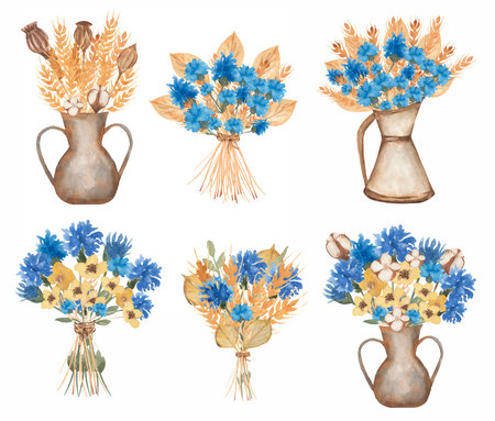 Watercolor Wildflower Clipart, Herbs Floral Bouquet Clip art, Herbarium in Vase, Meadow flower DIY, Blue flowers bouquet, Wedding Invitationの写真素材