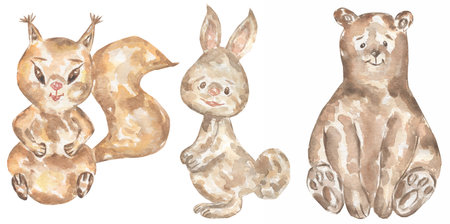 Watercolor hand drawn baby animals clipart. Woodland animal illustration, forest rabbit, little bear, squirrel clip art, kids wall art, baby shower, birthday party cardの写真素材