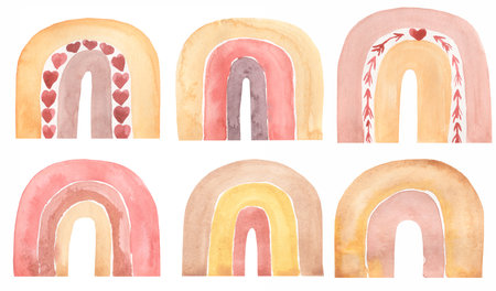 Watercolor Boho Rainbow illustration, pink, orange rainbows clipart. Nursery art, baby shower graphics, modern kids graphics card, scrapbook clipartの写真素材