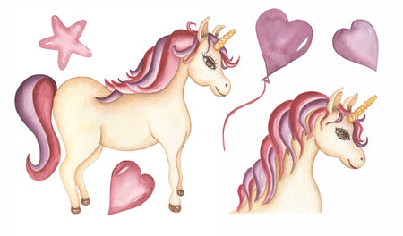 Watercolor Baby Unicorn clipart. Little pink horse animal illustration, hearts and balloon, Magic  Forest animal clip art, baby shower, kids birthday partyの写真素材