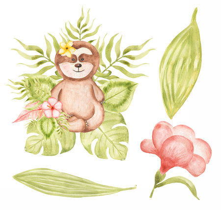Sloth clipart. Watercolor Baby Sloth clip art, Tropical animal, Leaves set, Jungle Flower bouquet, Baby Shower, Kids Birthday Partyの写真素材