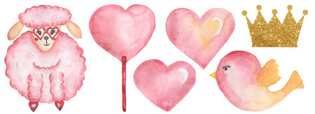Pink Sheep Clipart, Watercolor Cute Love Day Lamb Farm Animal clip art, Hearts illistration, Bird, Gold Crown, Kids Birthday Party, Valentines day, Baby Showerの写真素材