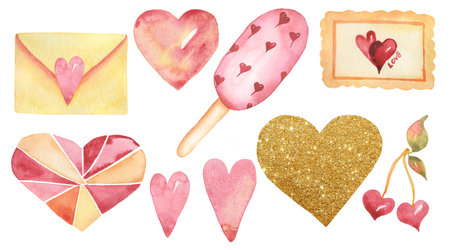 Pink, yellow and gold valentines illustratiob set, Watercolor hand drawn Cute love day elements, Golden Heart, ice cream clip art, envelope clipartの写真素材