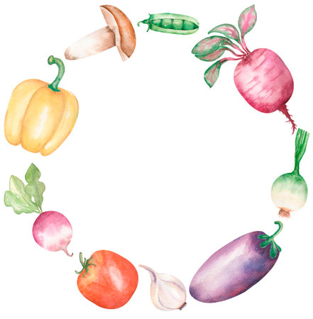 Watercolor Vegetable Frame Clipart, Kitchen Healthy Food border illustration, Kitchen Culinary wreath Clipart, Garden Plants, logo designの写真素材