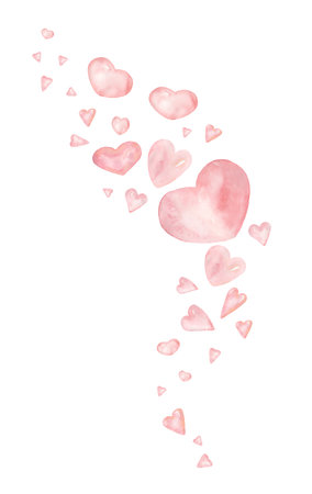 Flying Heart composition Clipart, Watercolor Pastel hearts arrangement illustration, Pink Delicate coral heart print, love decor,  valentines day, baby shower graphics, wedding invitationの写真素材