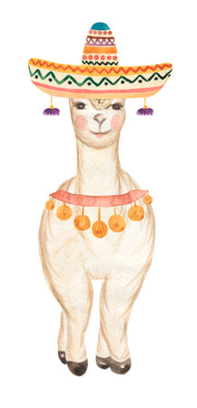 Cute Llama illustration, peru watercolor animale. Alpaca Clipart for decorating designs.の写真素材