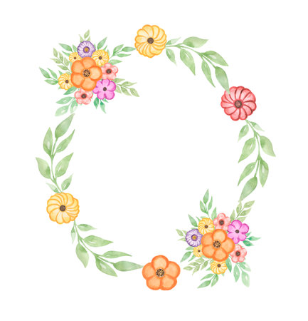 Watercolor bright flowers wreath clipart, bouquet frame, greenery composition. Hand painted florals illustration isolated on white background. Greenery clip art. Cute flowers for designの写真素材