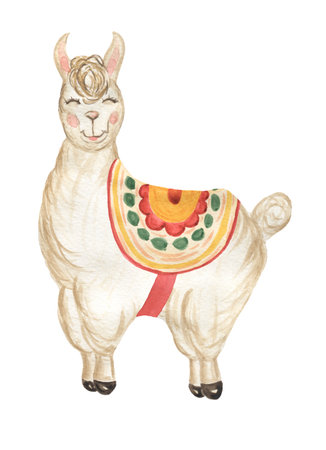 Cute Llama illustration, peru watercolor animale. Alpaca Clipart for decorating designs.の写真素材
