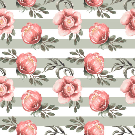Watercolor hand drawn pink peony flowers seamless pattern, Florals repeat paper, garden florals and green stripes background. scrapbook paperの写真素材