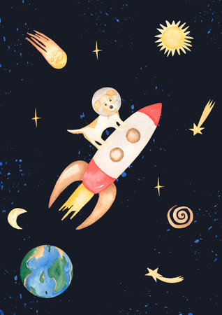 Watercolor space elements: stars, planet,  astronaut, spaceship, dog, earth illustration. Planets of the Solar System poster set. Universe space. Galaxy art.の写真素材