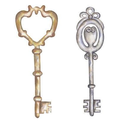 Watercolor retro style key illustration set. vintage key  clipartの写真素材