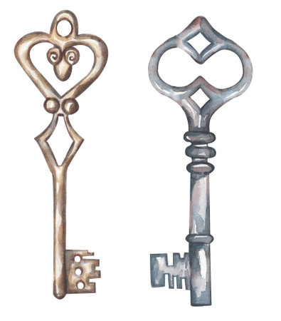 Watercolor retro style key illustration set. vintage key  clipartの写真素材