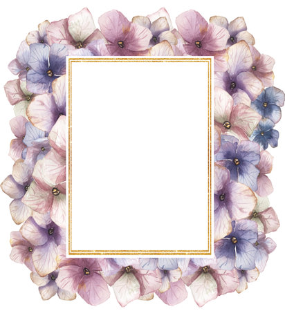 Watercolor blue and dirty pink hydrangea flowers and fern frame . garden florals bouquet illustration,  flower composition, florals wreathの写真素材