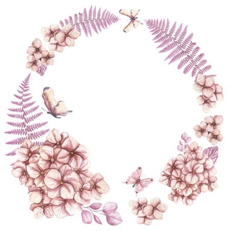 Watercolor  pink hydrangea flowers with fern and butterfly wreath, bouquet illustration. garden florals frame clipart,  flower compositionの写真素材