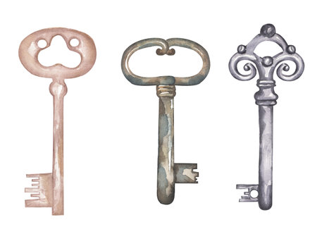 Watercolor retro style key illustration set. Hand drawn vintage key  clipartの写真素材