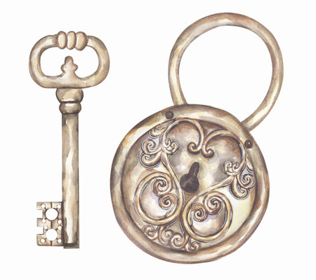 Watercolor retro style lock and key set illustration. Hand drawn vintage padlock and key clipartの写真素材