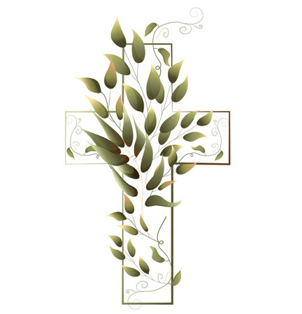Graphic Easter Cross Clipart, Spring Floral Arrangements, Baptism Crosses DIY Invitation, Vector Eucaliptus Greenery wedding clipart, Golden frame and foliage, Holy Spirit, Religiousのイラスト素材