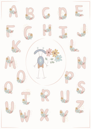 Hand drawn Flowers Alphabet clip art, ABC Poster, Kids Educational illustration with cute monster, Nursery Wall art, Beige Letters Print, School Children Fontのイラスト素材
