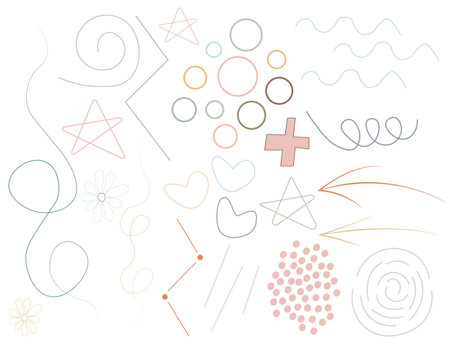 Abstract line art background in vector. Creative Hand drawn various shapes and doodle object elements for kids and party cover, abstract wall art for home decor, wallpaper, prints and pattern designのイラスト素材