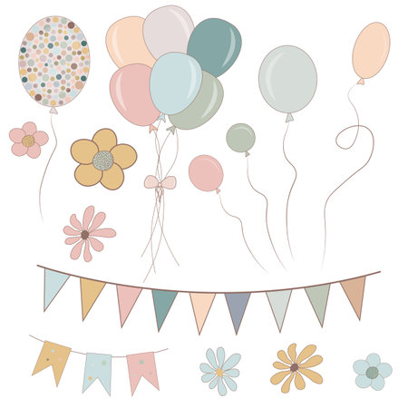 Set of birthday party design elements. Colorful balloons, flags, flowers. Vector illustrationのイラスト素材