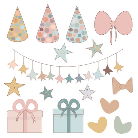 Set of birthday party design elements. Colorful flags, hearts, gifts, stars,  bows and decorative ribbons. Vector illustrationのイラスト素材