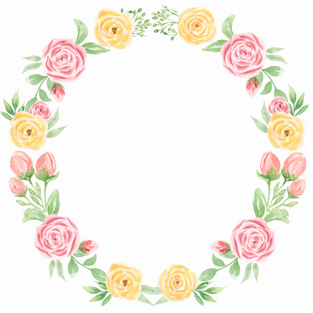 Watercolor hand drawn flowers wreath. Beautiful delicate frame in neutral pink and yellow colors.Elegant floral border with  gentle leaves and flowers. Design for invitation, wedding or greeting cardsの写真素材