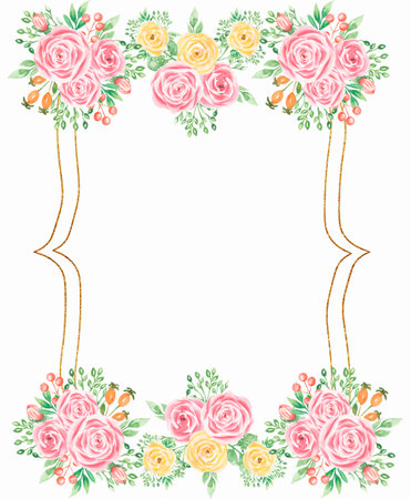 Watercolor hand drawn flowers frame. Beautiful delicate frame in neutral pink colors.Elegant floral border with  gentle leaves and flowers. Design for invitation, wedding or greeting cardsの写真素材