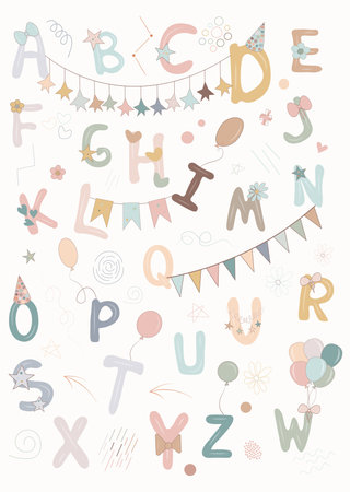Hand drawn Children Alphabet with cute letters clip art and party decor, ABC Poster, Kids Educational illustration with font, Nursery Wall art, Beige Letters Print, School Nursery Fontのイラスト素材