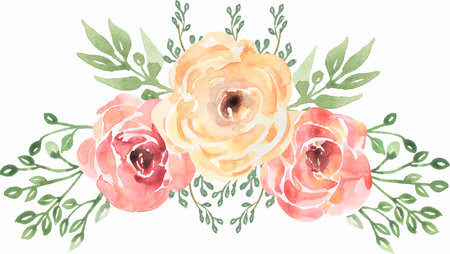 Watercolor pink and yellow rose flowers and greenery bouquet. garden florals illustration, delicate florals arrangementの写真素材