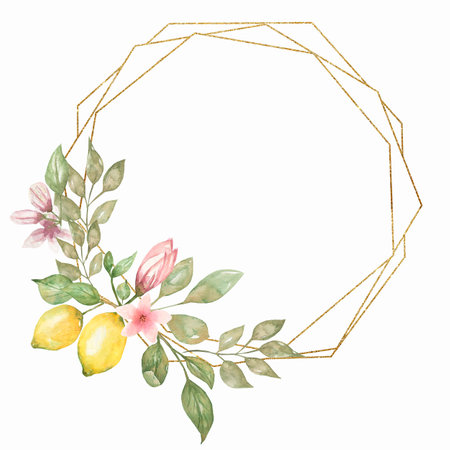 Hand drawn round wreath of watercolor lemon with flowers and leaves. Watercolor illustration wreath of lemon and leavesの写真素材
