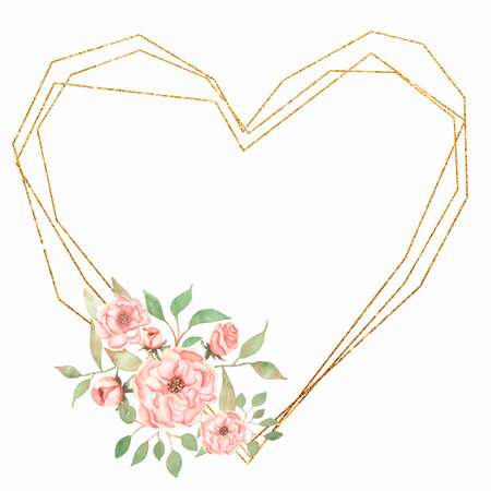 Watercolor Pink and Florals heart Frame illustration. leaves and flowers golden Heart frame. Wedding invitation. Foliage clipart. Floral wreath arrangement. Card design.の写真素材