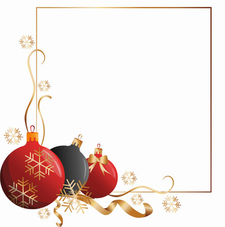 Christmas toys corner border frame clipart, balls illustration wreath. Vector Xmas glass ball. Holiday decoration template. New Year's Eve christmas tree decor.のイラスト素材