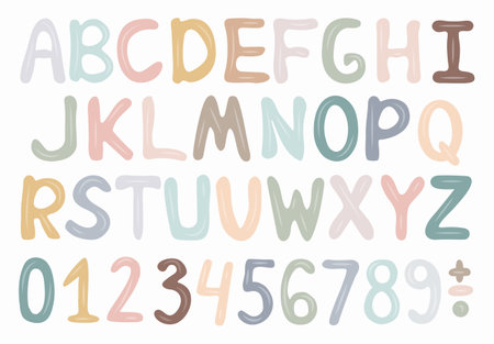 Hand drawn Children  alphabet multicolor poster, ABC Poster, Kids Educational illustration with font, Nursery Wall art, Letters Print, School Nursery Font and numbers clipartのイラスト素材