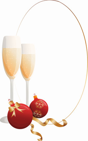 Christmas toys and glass of champagne corner border frame clipart, balls illustration wreath. Vector Xmas glass ball and vine. Holiday decoration template. New Year's Eve christmas tree decor.のイラスト素材