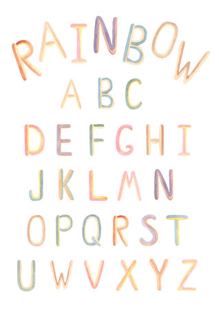 Watercolor Rainbow Alphabet clip art, ABC Poster, Kids Educational clipart, Nursery Wall art, Beige Letters Print, School Children Font illustrationの写真素材