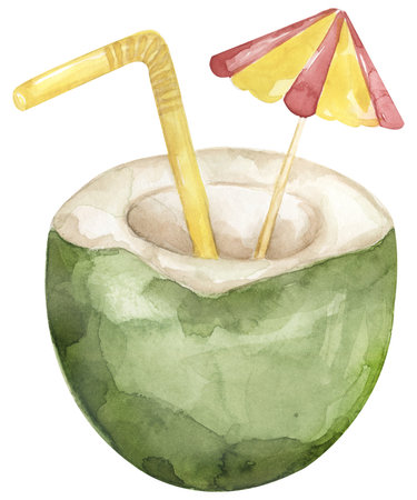 Watercolor hand drawn coconut beverage illustration, Pina colada cocktail. Tropical clipartの写真素材