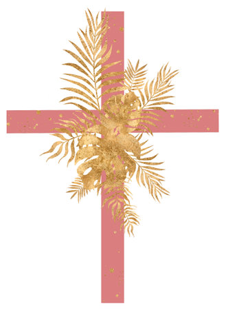 Watercolor pink cross with delicate tropical golden flora elements clipart, easter cross illustration, baptism, wedding invitationの写真素材