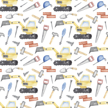 watercolor cute kids builder elements and excavator work machine seamless pattern, bricks, hammer, nails, saw, screw and screwdriver repeat children paperの写真素材