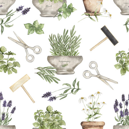 watercolor spices, herbs and utensils seamless pattern, candiment spices repeat paperの写真素材